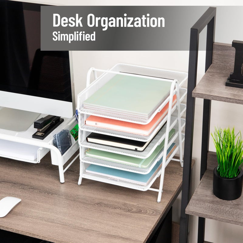 Mind Reader 5-Tier Paper Tray Organizer, Vertical Desktop File Storage Rack, Office, Metal Mesh, White - Image 2